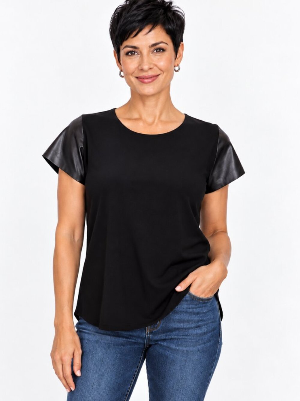 Zara Medium Capped Faux Leather Sleeve Back Zip Sweater